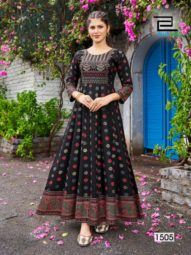 Womaniya Vol 15 By Blue Hills Rayon Foil Printed Anarkali Kurtis Wholesale Shop In Surat
